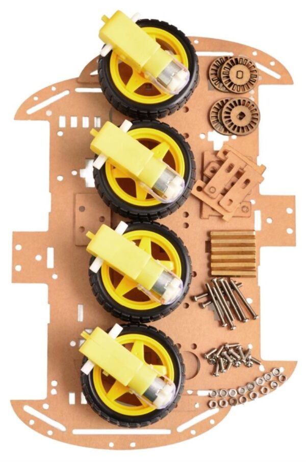 4-Wheel Drive Chassis Set with wheels, motors, body frame, screws, nuts, and switch for DIY robotic projects